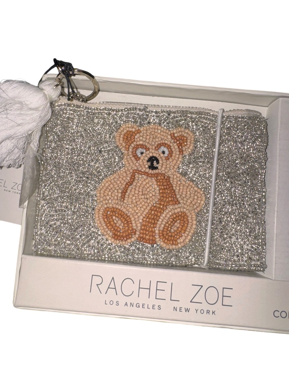 Rachel Zoe Silver Beaded Coin Purse with Tan Teddy Charm - Picture 2 of 4